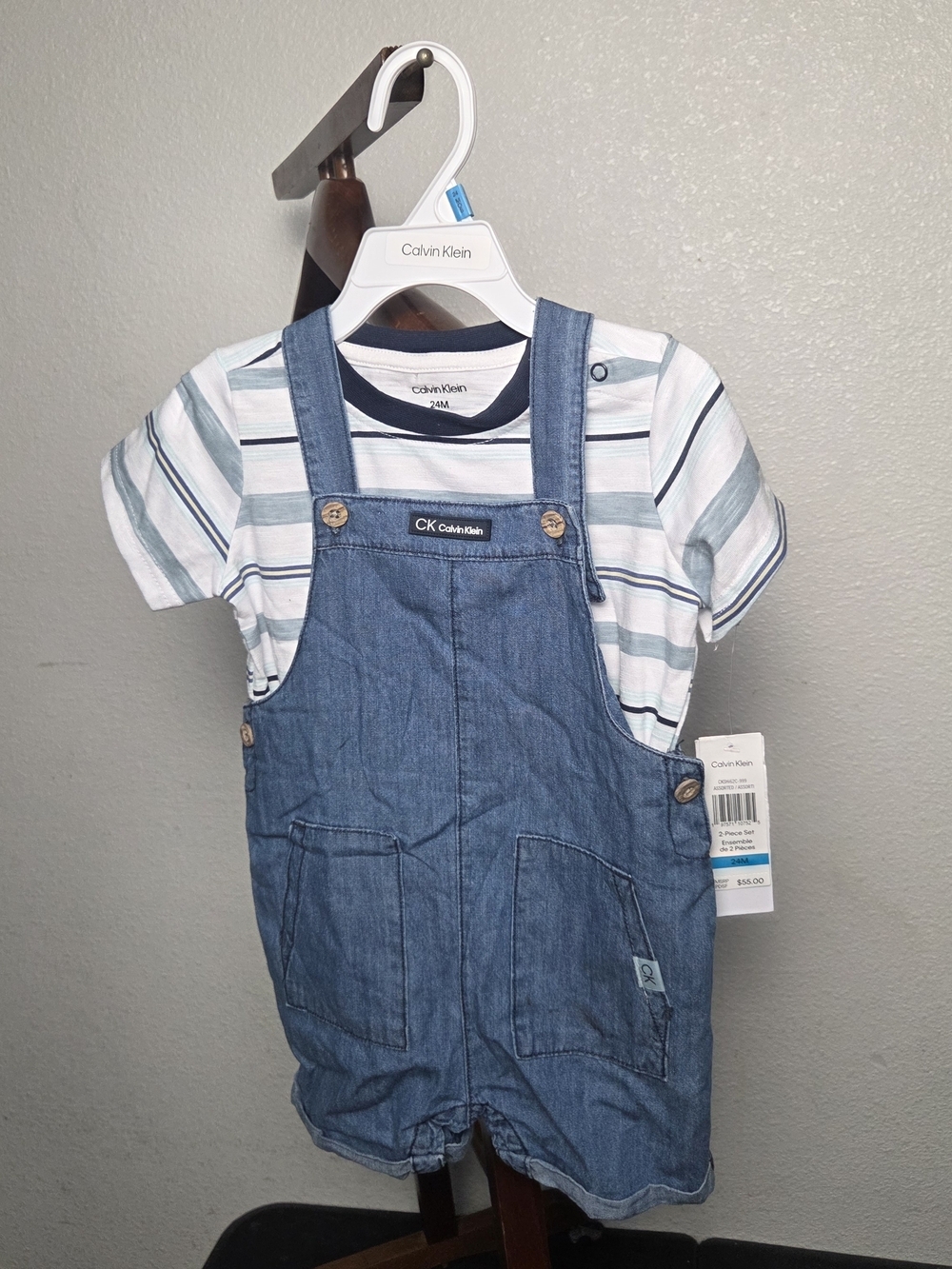 Calvin Klein Blue Denim Overalls with White & Light Blue Striped Tee